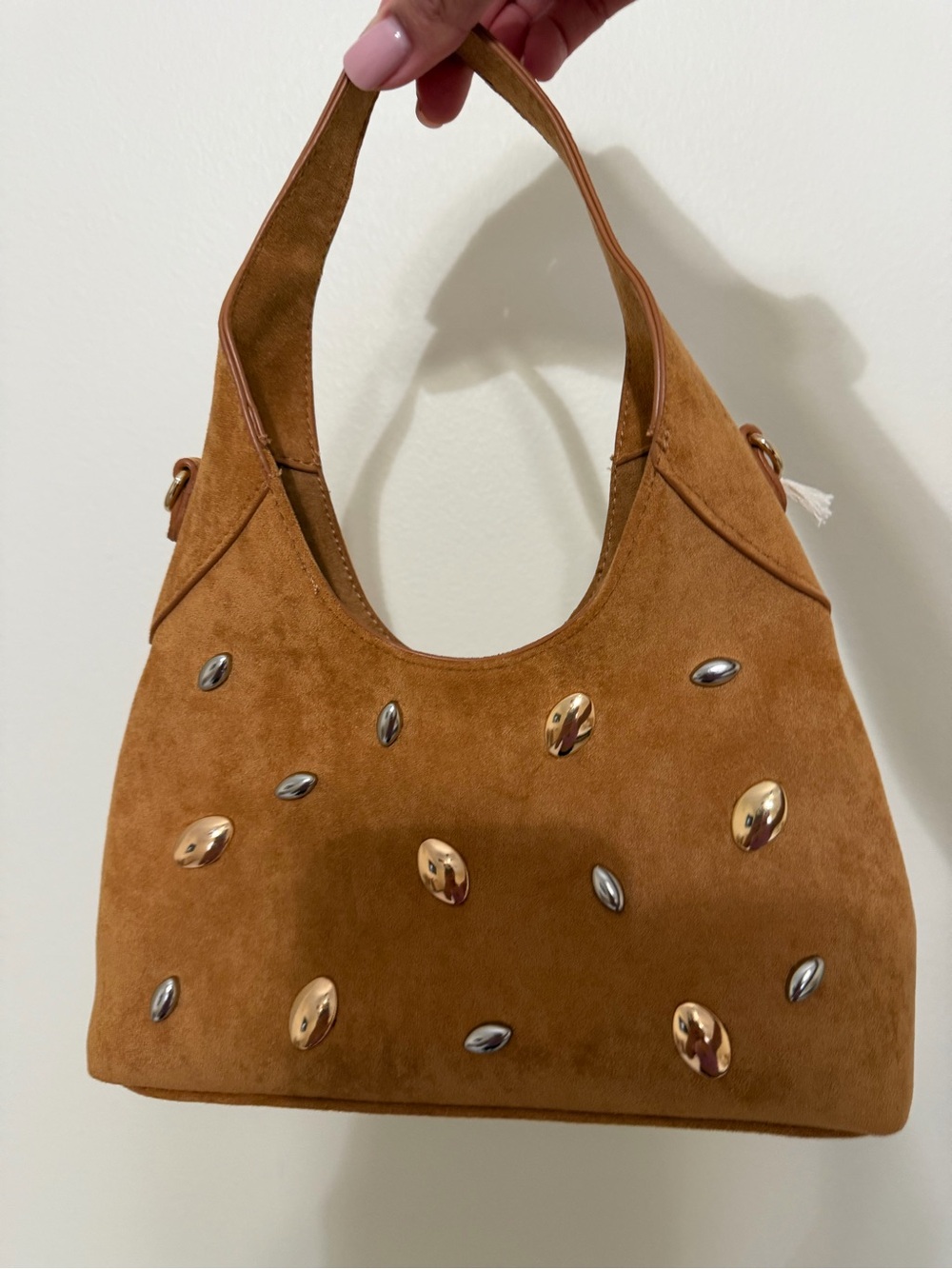SUEDE STUDDED HOBO BAG IN TAN